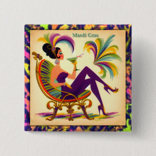 Mittsiebziger Mardi Gras Frau mit einem Martini Button