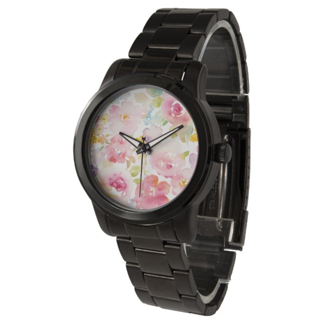 Mittsommer | Aquarellfarbe Rosa Blütenfarbe Armbanduhr (Schrägansicht)