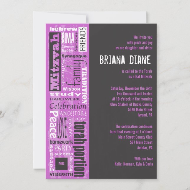 MITZVAH WORDS SPRICHWORTS Bar Bat Einladung (Vorderseite)