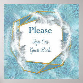 Mix Blue Pattern, Feathers & White Lace Poster