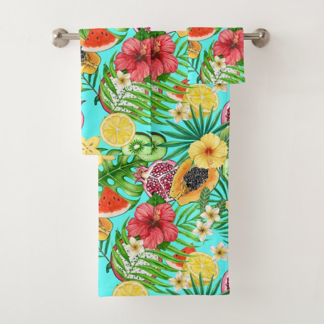 Mix-fruit tropical, fleurs et feuilles en bleu (En situation)