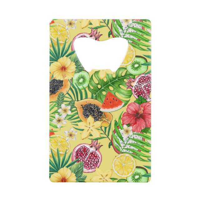 Mix-fruit tropical, fleurs et feuilles sur jaune (Devant)