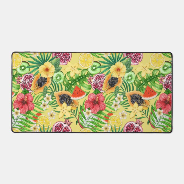 Mix-fruit tropical, fleurs et feuilles sur jaune (Recto)