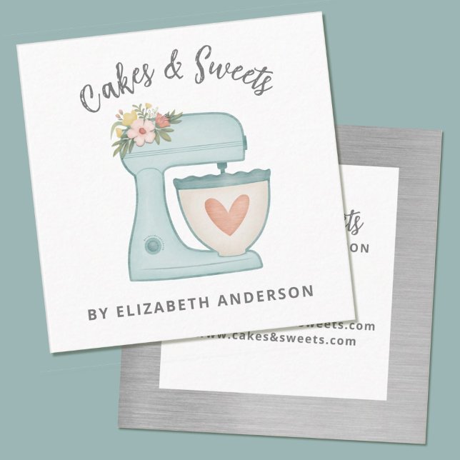Mixage de gâteau Floral bleu Carte de visite (A pretty square shaped business card with a cute blue mixer. Great for a bakery business.)