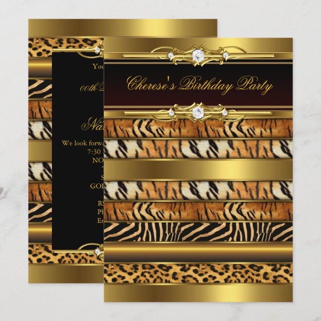 Mixed Animal Prints Birthday Party Gold Black 3 Einladung (Vorne/Hinten)