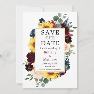 Mixed Burgundy Floral Gold Frame mit Aquarellfarbe Save The Date