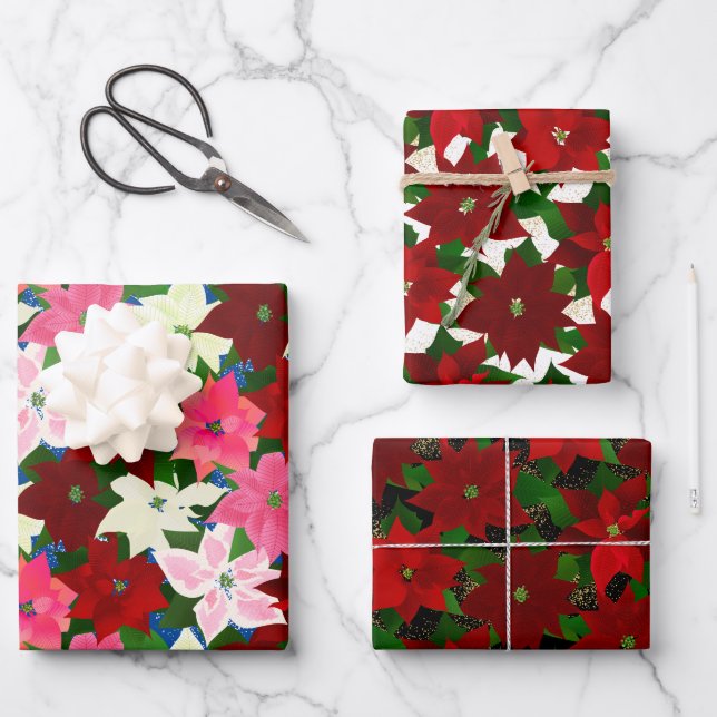 Mixed Christmas Poinsettias Geschenkpapier Set (Vorderseite)