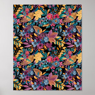 Mixed Fall Floral Blätter Berry Watercolor Muster Poster