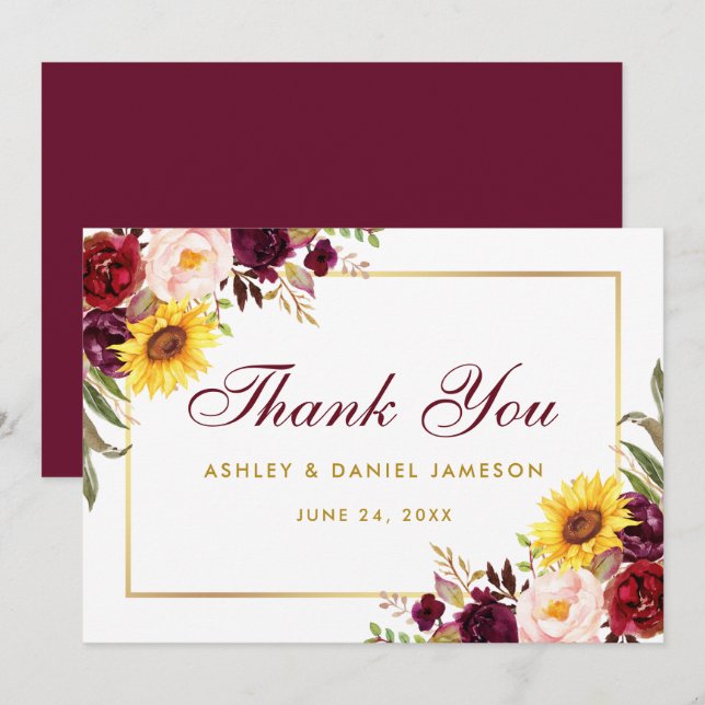 Mixed Floral Burgundy Gold Wedding Dankeskarte (Vorne/Hinten)