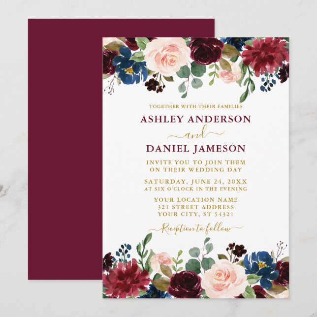 Mixed Floral Burgundy Gold Wedding Einladung (Vorne/Hinten)