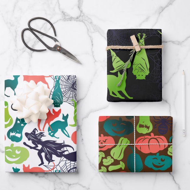 Mixed Halloween Patterns Set von 3 Spooky Fun Geschenkpapier Set (Vorderseite)