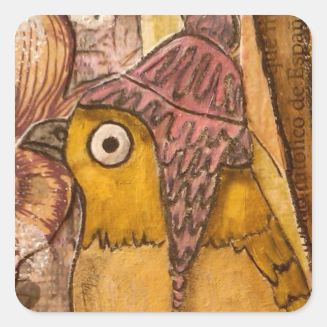 Mixed Media Bird mit Hat Quadratischer Aufkleber (Vorderseite)