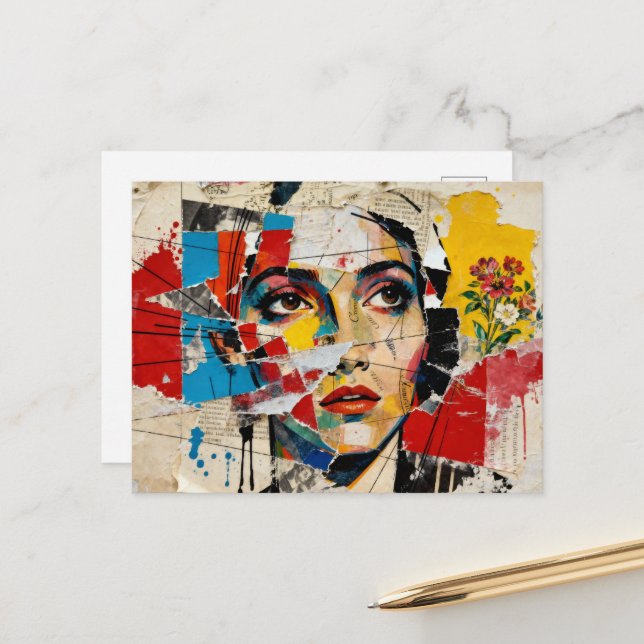 Mixed media Face and flowers Collage Postkarte (Vorderseite/Rückseite Beispiel)