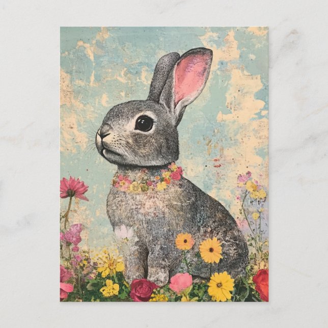 Mixed Media Gray Rabbit Postkarte (Vorderseite)
