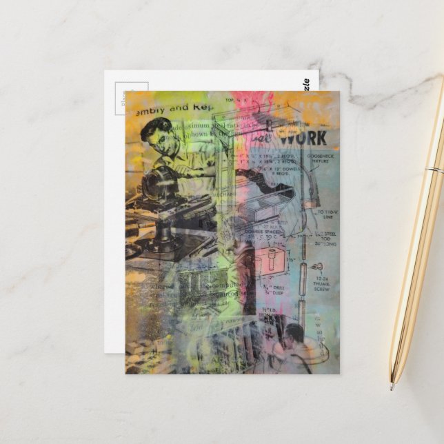 Mixed Media Retro Hobbies Woodworking Men Postkarte (Vorderseite/Rückseite Beispiel)