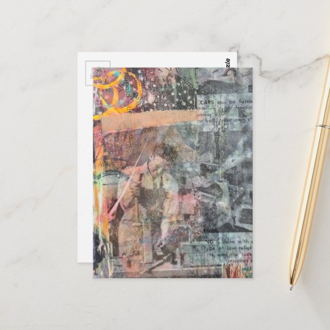 Mixed Media Retro Woodworking Collage Postkarte (Vorderseite/Rückseite Beispiel)