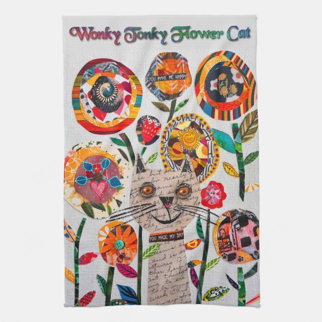 Mixed Media Wonky Katze und Blume Küchentuch (Vertikal)