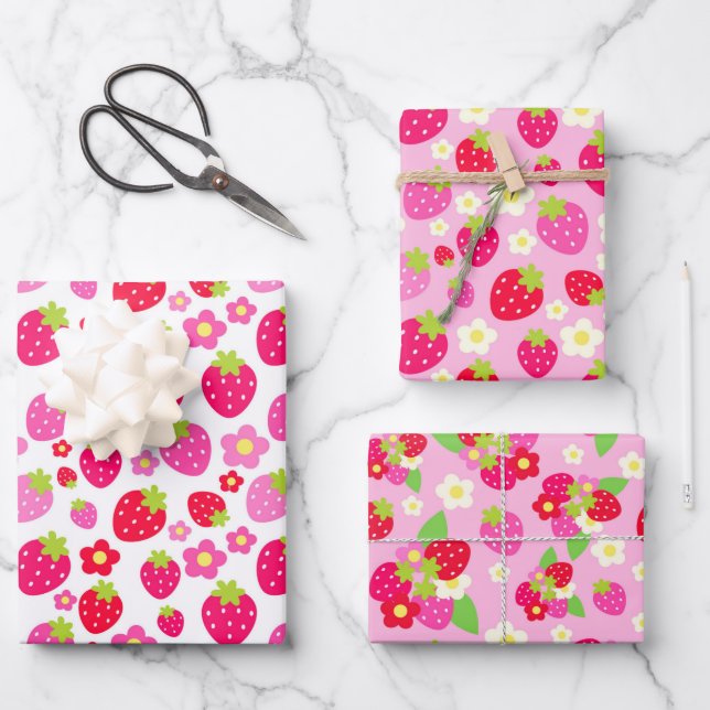 Mixed Rosa & Rote Sommer Erdbeeren & Blume Geschenkpapier Set (Vorderseite)