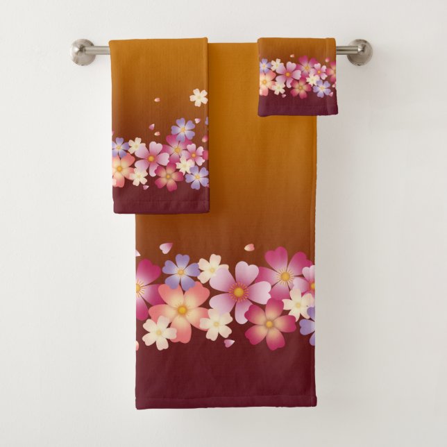 Mixed Sakura Blossoms Kimono Style Burgund & Gold Badhandtuch Set (Insitu)