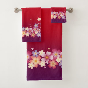 Mixed Sakura Blüten Kimono Stil Rot & Lila Badhandtuch Set