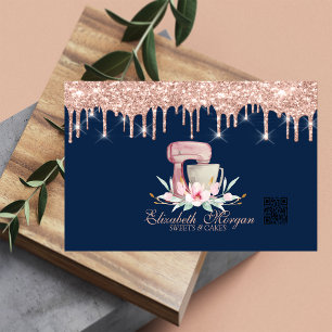 Mixer Blume Rose Gold Tropfen QR Code Navy Blue Visitenkarte