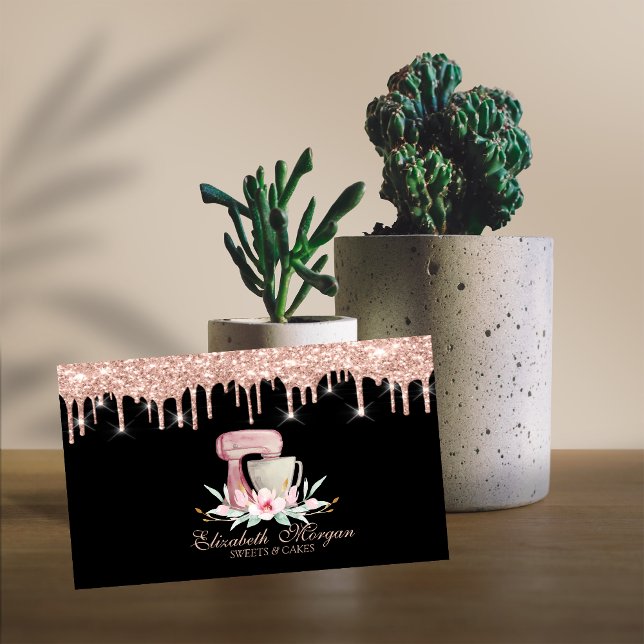 Mixer-Blume Rose Gold-Tropfen Schwarzes Logo Visitenkarte (Von Creator hochgeladen)