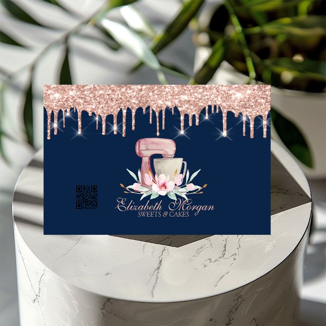 Mixer Floral Rose Gold Tropfen QR Code Navy Blue Visitenkarte (Von Creator hochgeladen)