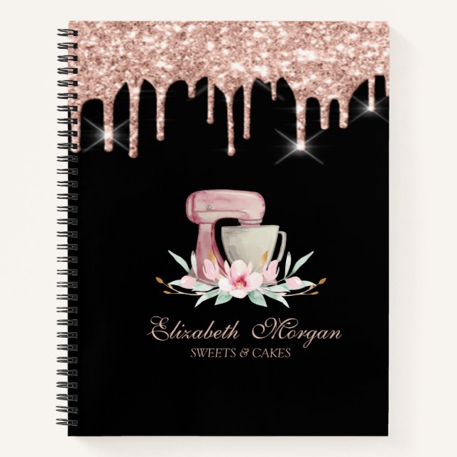 Mixer Flowers Rose Gold Drips Bakery Black  Notizbuch (Vorderseite)