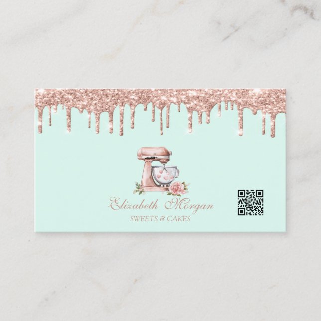 Mixer Hearts Flowers Rose Gold Drips QR Code  Visitenkarte (Vorderseite)
