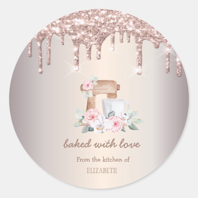 Mixer Rose, Rose Gold Glitzer Tropfen Bäckerei Runder Aufkleber (Vorderseite)