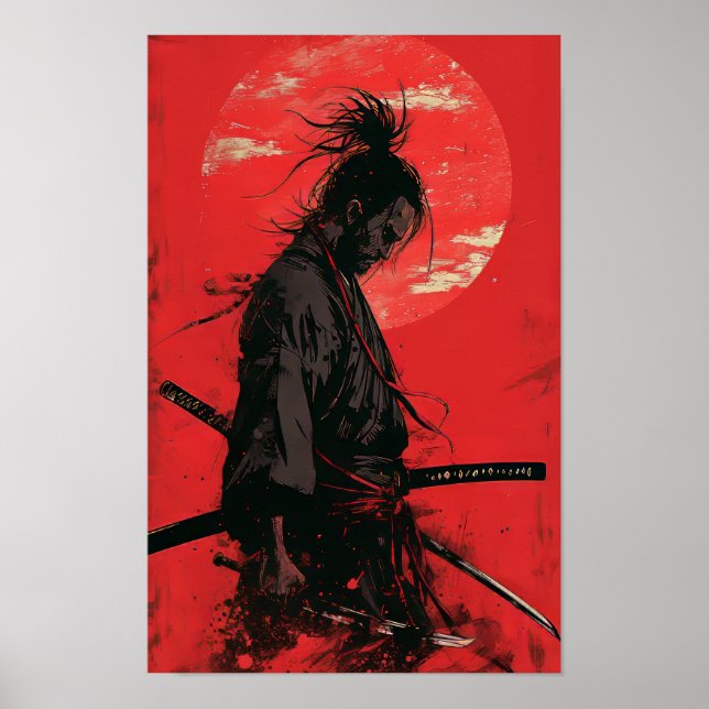 Miyamoto Musashi Vagabond Manga Style Red Backgrou Poster (Vorne)