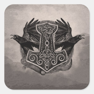 Mjolnir Der Hammer von Thor und Raben Quadratischer Aufkleber