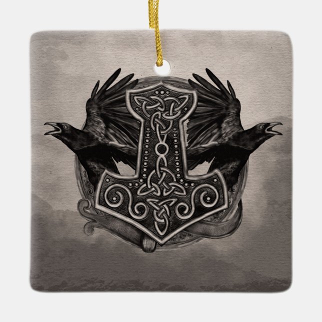 Mjolnir der Hammer von Thor und von Raben Keramikornament (Vorderseite)