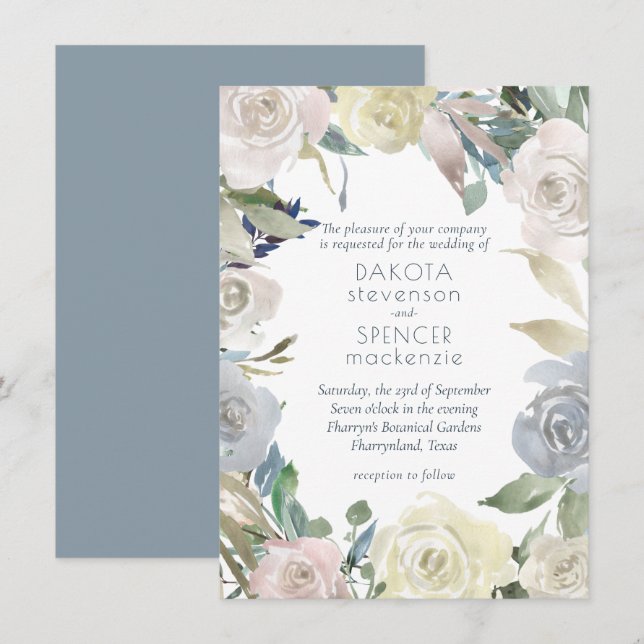 Mled Floral Wreath | Blaurosa Gelbe Hochzeit Einladung (Vorne/Hinten)