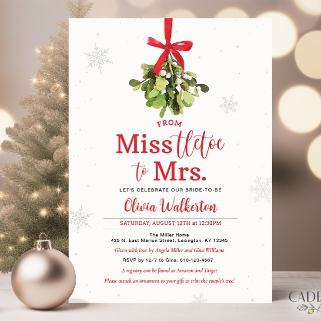 Mlle à Mme Christmas Bridal Shower Invitation (Miss-tletoe to Mrs. Bridal Shower Invitation for Holiday Themed Bridal Shower in December.)