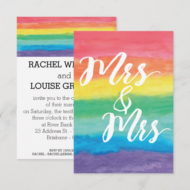Mme et Mme Rainbow Lesbian Faire-part de mariage (Devant / Derrière)