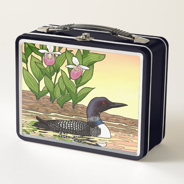 MN Staat Bird Blume Loon Lady Slipper Metall Brotdose (Vorderseite)