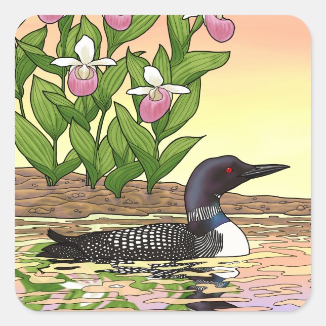 MN Staat Bird Blume Loon Lady Slipper Quadratischer Aufkleber (Vorderseite)