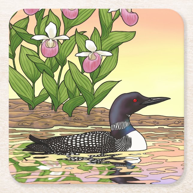 MN Staat Bird Blume Loon Lady Slipper Rechteckiger Pappuntersetzer (Vorderseite)