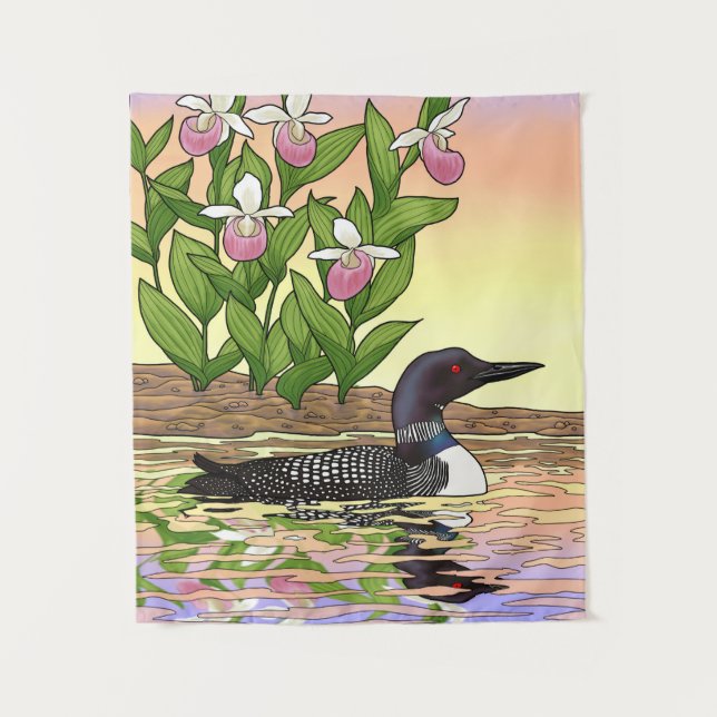 MN Staat Bird Blume Loon Lady Slipper Wandteppich (Vorderseite)
