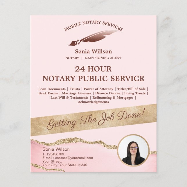 Mobile Notar & Loan Signature Agent Pink Agate Fly Flyer (Vorne)