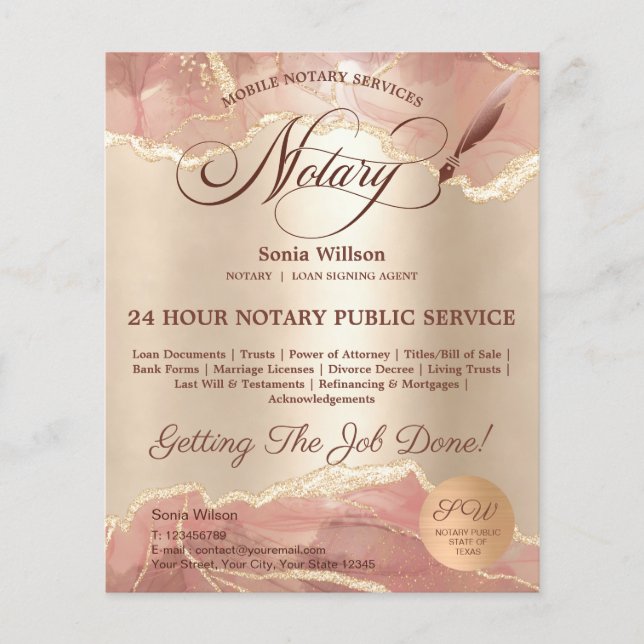 Mobile Notar & Loan Signature Agent Pink Agate Fly Flyer (Vorne)