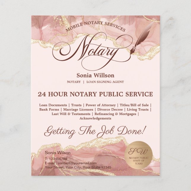 Mobile Notar & Loan Signature Agent Pink Agate Fly Flyer (Vorne)