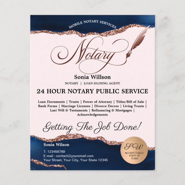 Mobile Notar & Loan Signature Agent Pink Agate Fly Flyer (Vorne)
