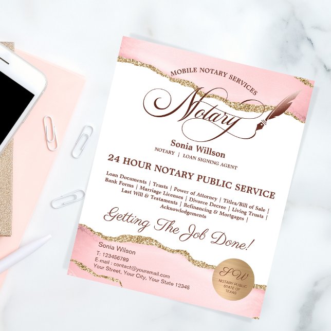 Mobile Notar & Loan Signature Agent Pink Agate Fly Flyer (Von Creator hochgeladen)