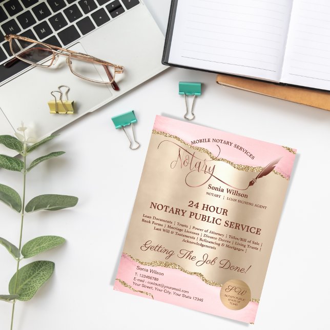 Mobile Notar & Loan Signature Agent Pink Agate Fly Flyer (Von Creator hochgeladen)