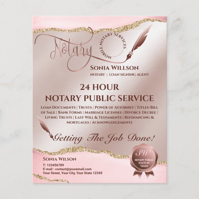 Mobile Notar & Loan Signature Agent Pink Agate Fly Flyer (Vorne)