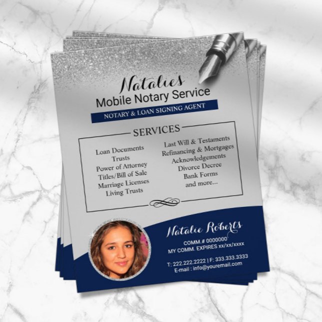 Mobile Notar Navy Blue & Silver Glitzer Foto Flyer (Von Creator hochgeladen)