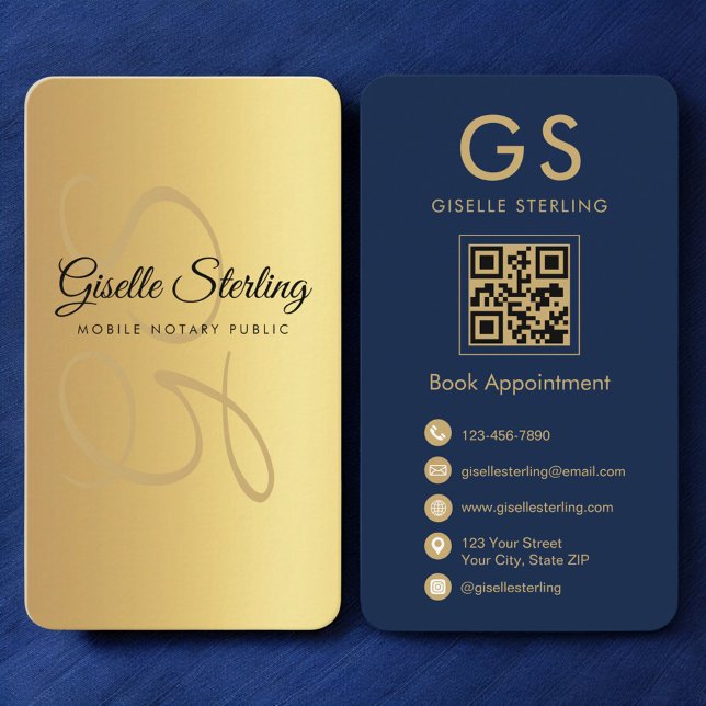 Mobile Notar Public Gold Navy Blue QR Code Visitenkarte (Von Creator hochgeladen)