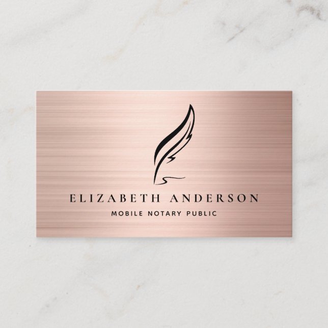 Mobile Notar Public Quill Rose Gold Brushed Metal Visitenkarte (Vorderseite)